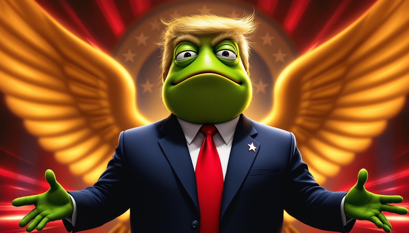 Trump fused with Pepe the Frog — green frog skin, blonde hair, navy suit, eagle wings